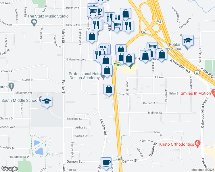 map of restaurants, bars, coffee shops, grocery stores, and more near 3424 Mall Drive in Eau Claire