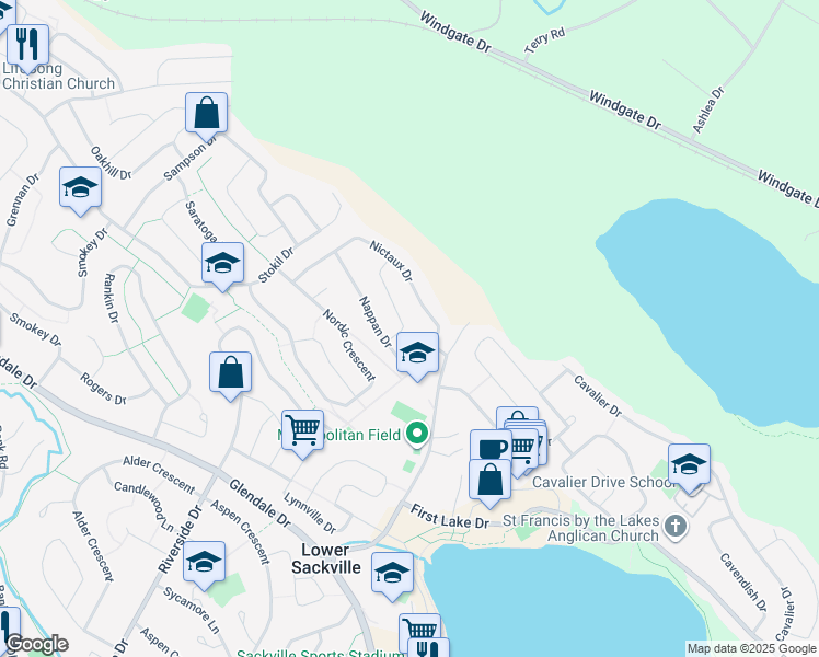 map of restaurants, bars, coffee shops, grocery stores, and more near 17 Newcombe Drive in Lower Sackville