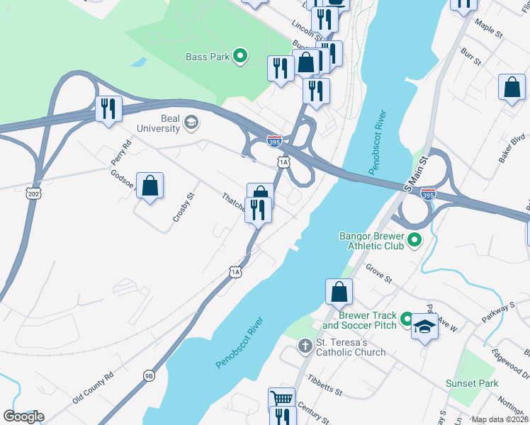 map of restaurants, bars, coffee shops, grocery stores, and more near 700 Main Street in Bangor