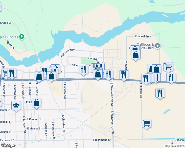 map of restaurants, bars, coffee shops, grocery stores, and more near 1045 East Green Bay Street in Shawano