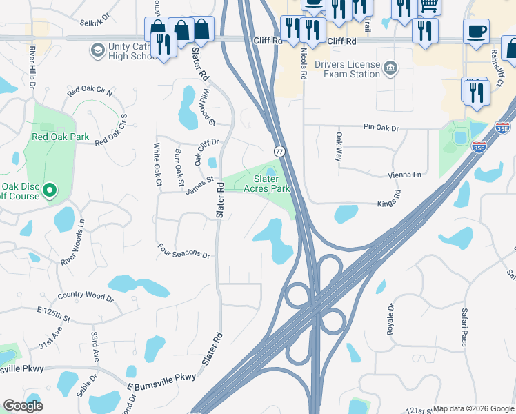 map of restaurants, bars, coffee shops, grocery stores, and more near 2210 James Court in Eagan