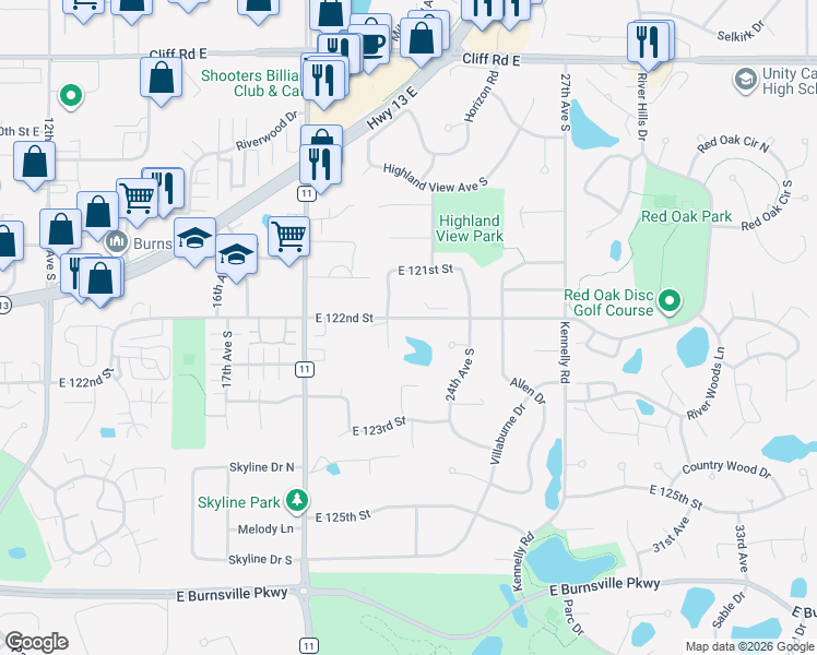 map of restaurants, bars, coffee shops, grocery stores, and more near 2305 East 122nd Street in Burnsville