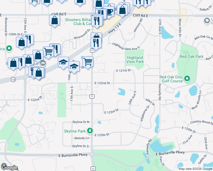 map of restaurants, bars, coffee shops, grocery stores, and more near 2005 East 122nd Street in Burnsville