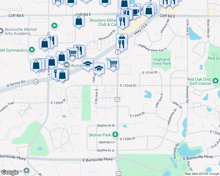 map of restaurants, bars, coffee shops, grocery stores, and more near 1863 East 122nd Street in Burnsville