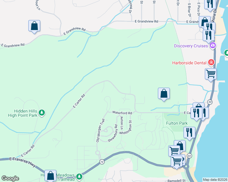 map of restaurants, bars, coffee shops, grocery stores, and more near 10120 East Carter Road in Traverse City