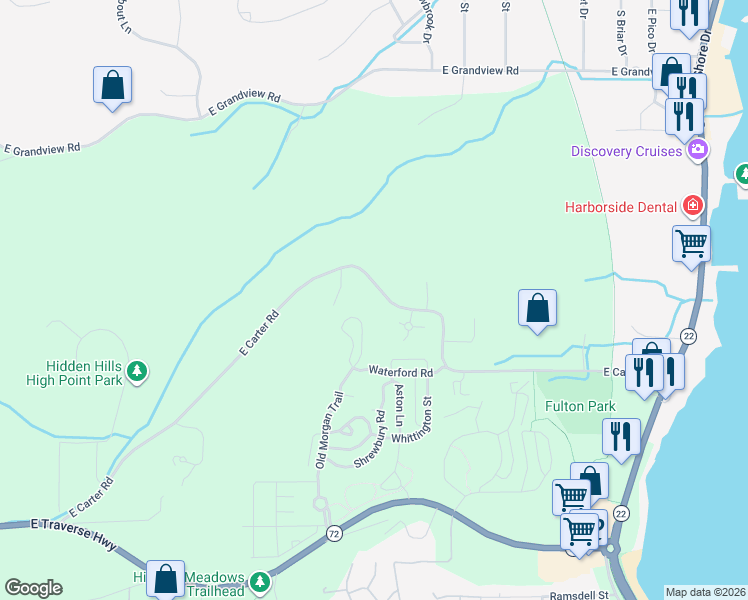 map of restaurants, bars, coffee shops, grocery stores, and more near 10120 East Carter Road in Traverse City