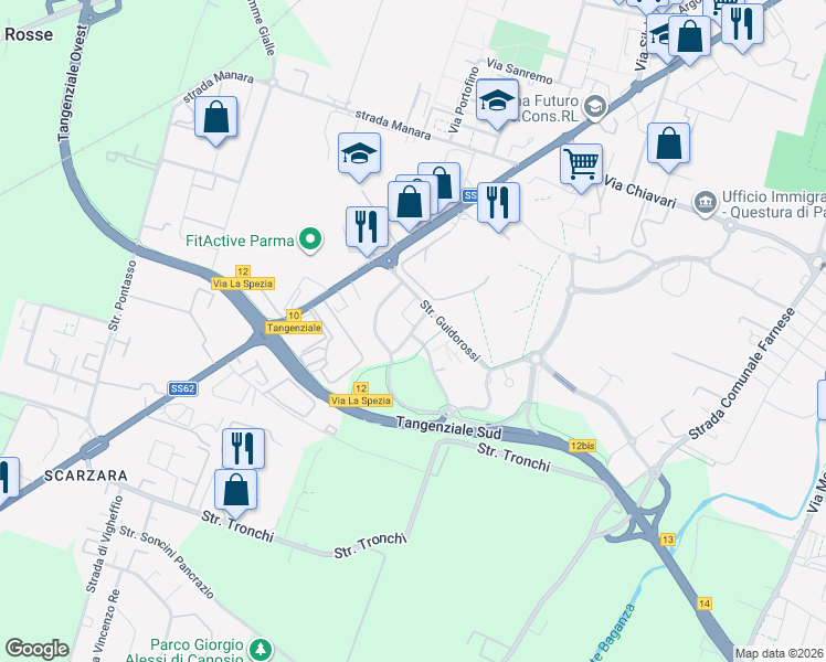 map of restaurants, bars, coffee shops, grocery stores, and more near 13 Via Nicola Calipari in Parma