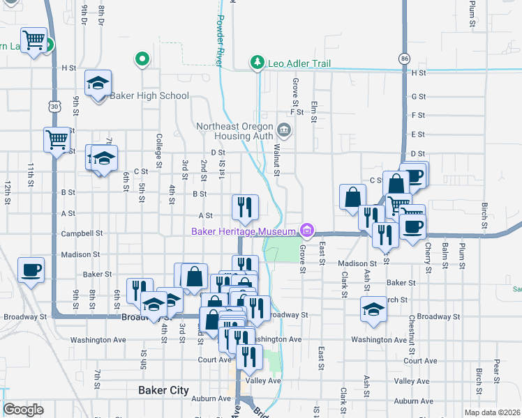 map of restaurants, bars, coffee shops, grocery stores, and more near 1775 A Street in Baker City