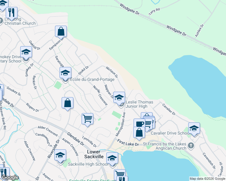 map of restaurants, bars, coffee shops, grocery stores, and more near 60 Nappan Drive in Lower Sackville