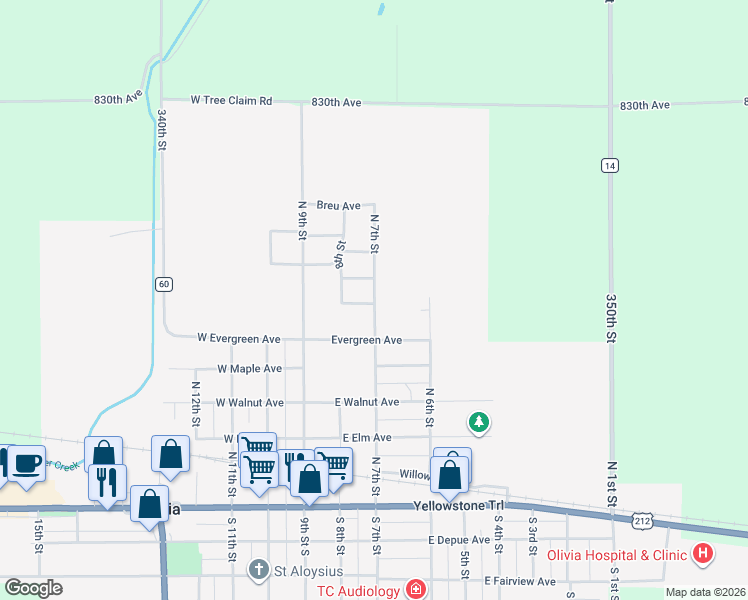 map of restaurants, bars, coffee shops, grocery stores, and more near 607 North 7th Street in Olivia