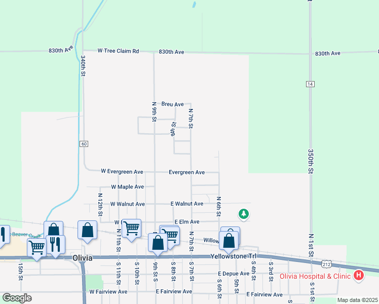 map of restaurants, bars, coffee shops, grocery stores, and more near 607 North 7th Street in Olivia