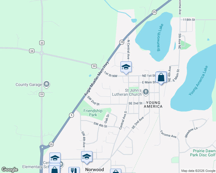 map of restaurants, bars, coffee shops, grocery stores, and more near 23 Southwest 2nd Avenue in Norwood Young America