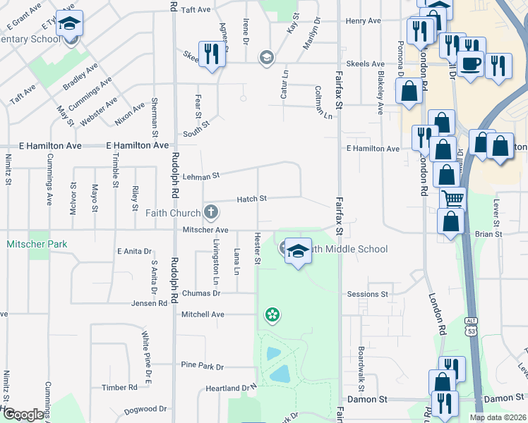 map of restaurants, bars, coffee shops, grocery stores, and more near 3417 Hester Street in Eau Claire