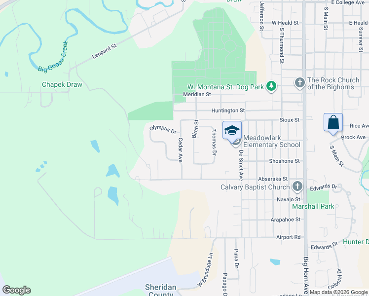 map of restaurants, bars, coffee shops, grocery stores, and more near 1446 Birch Street in Sheridan