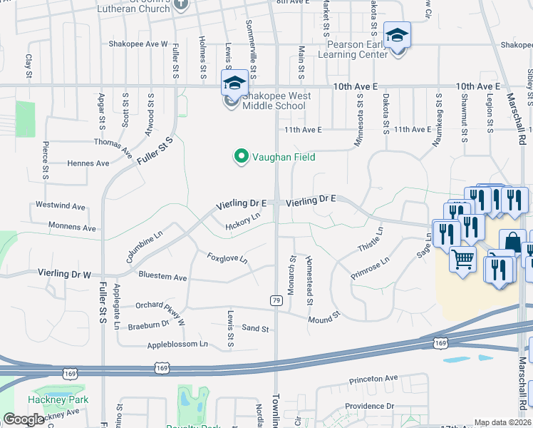 map of restaurants, bars, coffee shops, grocery stores, and more near 344 Hickory Lane in Shakopee