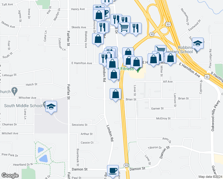 map of restaurants, bars, coffee shops, grocery stores, and more near 3420 Mall Drive in Eau Claire