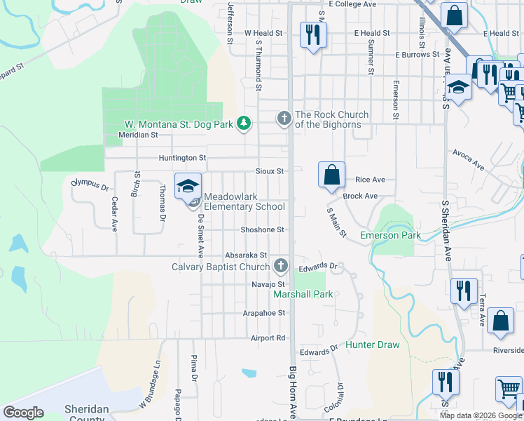 map of restaurants, bars, coffee shops, grocery stores, and more near 1453 Warren Avenue in Sheridan