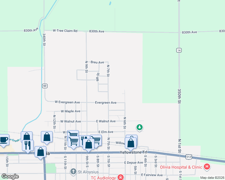 map of restaurants, bars, coffee shops, grocery stores, and more near 607 North 7th Street in Olivia