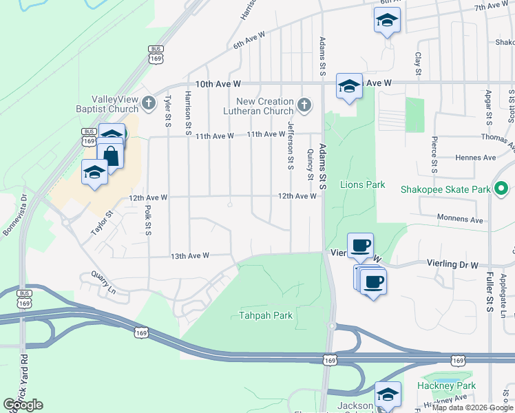 map of restaurants, bars, coffee shops, grocery stores, and more near 1232 Madison Street South in Shakopee