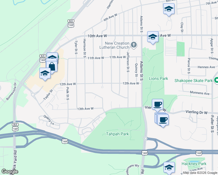 map of restaurants, bars, coffee shops, grocery stores, and more near 1232 Monroe Street South in Shakopee