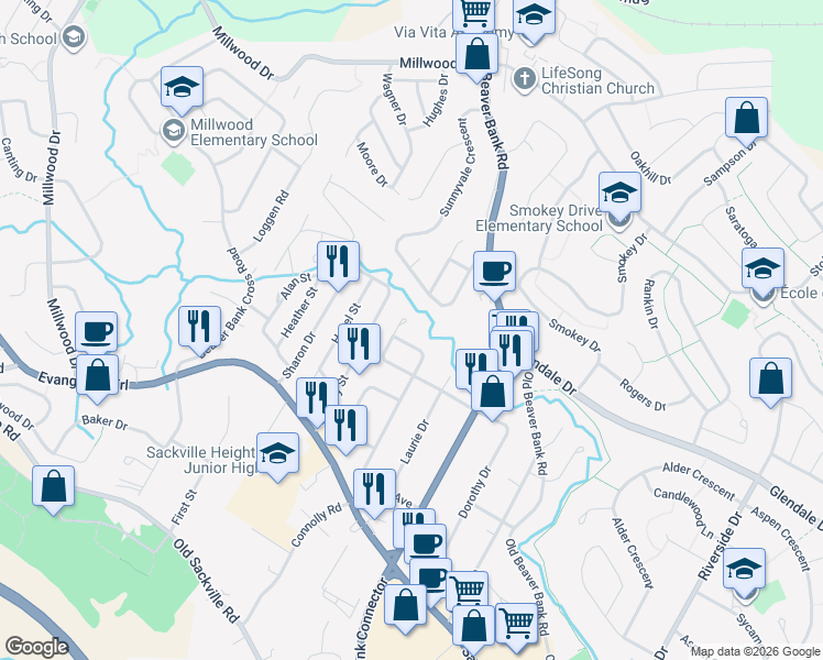 map of restaurants, bars, coffee shops, grocery stores, and more near 125 Gloria Court in Lower Sackville