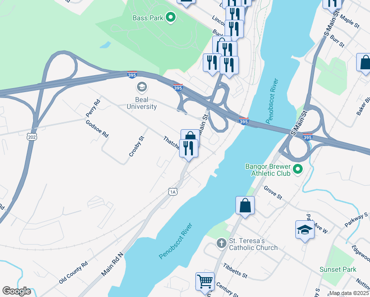 map of restaurants, bars, coffee shops, grocery stores, and more near 700 Main Street in Bangor