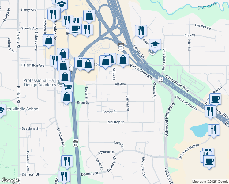 map of restaurants, bars, coffee shops, grocery stores, and more near 3452 Miller Street in Eau Claire
