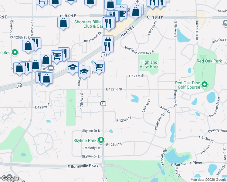 map of restaurants, bars, coffee shops, grocery stores, and more near 2005 East 122nd Street in Burnsville