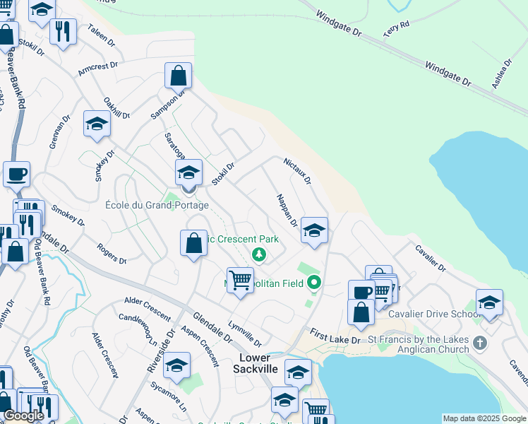 map of restaurants, bars, coffee shops, grocery stores, and more near Nordic Crescent in Lower Sackville