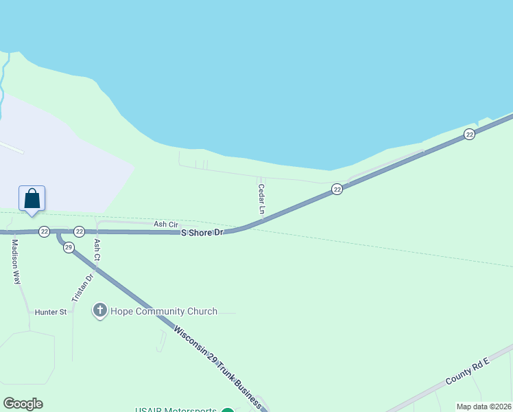 map of restaurants, bars, coffee shops, grocery stores, and more near N5335 Cedar Lane in Shawano