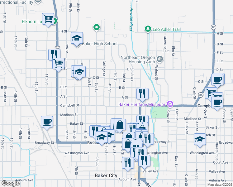 map of restaurants, bars, coffee shops, grocery stores, and more near 2547 2nd Street in Baker City