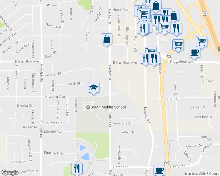 map of restaurants, bars, coffee shops, grocery stores, and more near 3447 Fairfax Street in Eau Claire