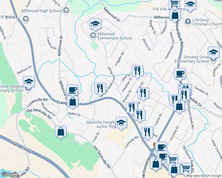 map of restaurants, bars, coffee shops, grocery stores, and more near 47 Beaver Bank Cross Road in Middle Sackville