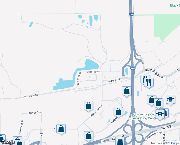 map of restaurants, bars, coffee shops, grocery stores, and more near 1201 Cliff Road West in Burnsville