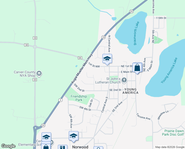 map of restaurants, bars, coffee shops, grocery stores, and more near 23 Southwest 2nd Avenue in Norwood Young America