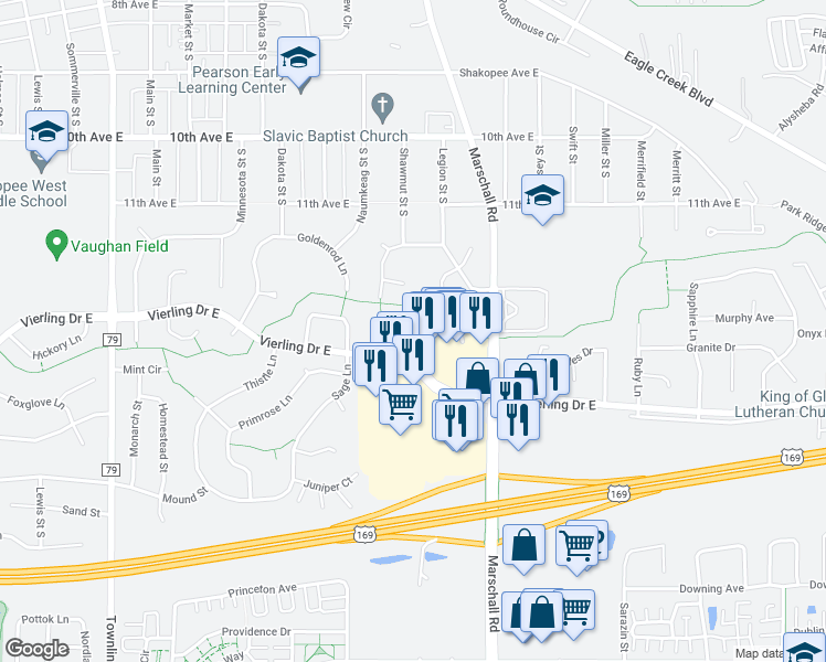 map of restaurants, bars, coffee shops, grocery stores, and more near 1224 Kennsington Drive in Shakopee