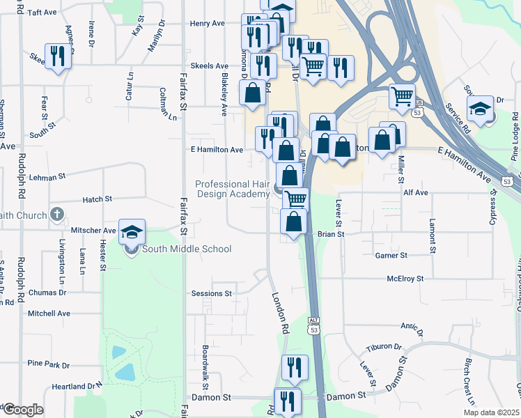 map of restaurants, bars, coffee shops, grocery stores, and more near 3428 London Road in Eau Claire