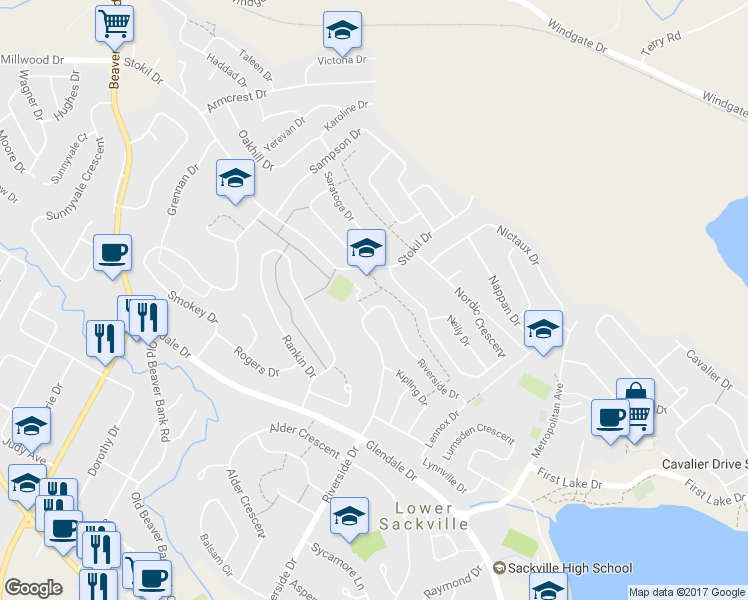 map of restaurants, bars, coffee shops, grocery stores, and more near 1540 Riverside Drive in Lower Sackville