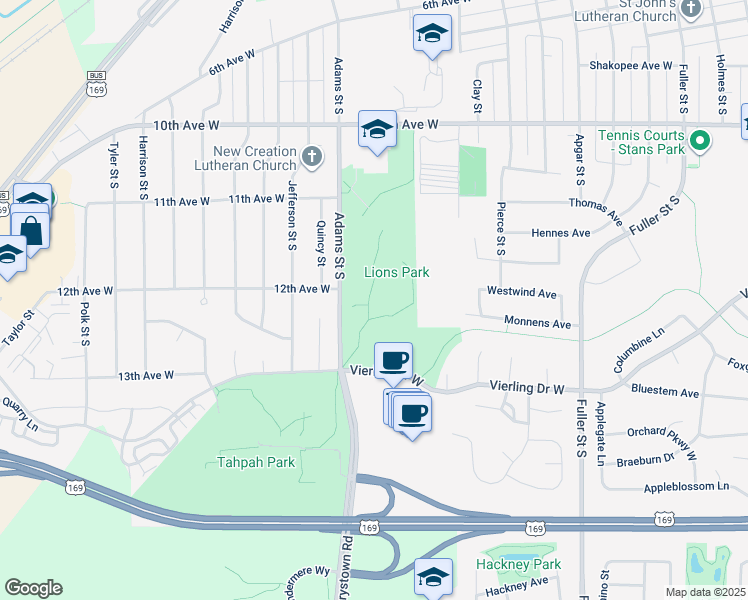 map of restaurants, bars, coffee shops, grocery stores, and more near 1103 Adams Street South in Shakopee