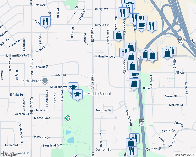 map of restaurants, bars, coffee shops, grocery stores, and more near 3447 Fairfax Street in Eau Claire