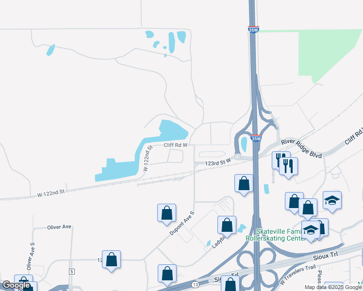 map of restaurants, bars, coffee shops, grocery stores, and more near 1201 Cliff Road West in Burnsville