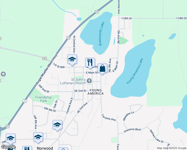 map of restaurants, bars, coffee shops, grocery stores, and more near 20 Southeast 2nd Avenue in Norwood Young America