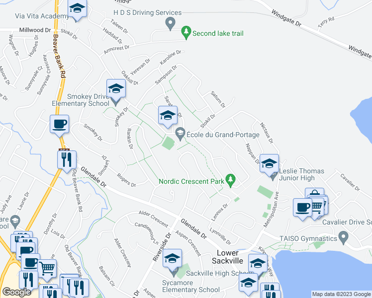 map of restaurants, bars, coffee shops, grocery stores, and more near 1542 Riverside Drive in Lower Sackville
