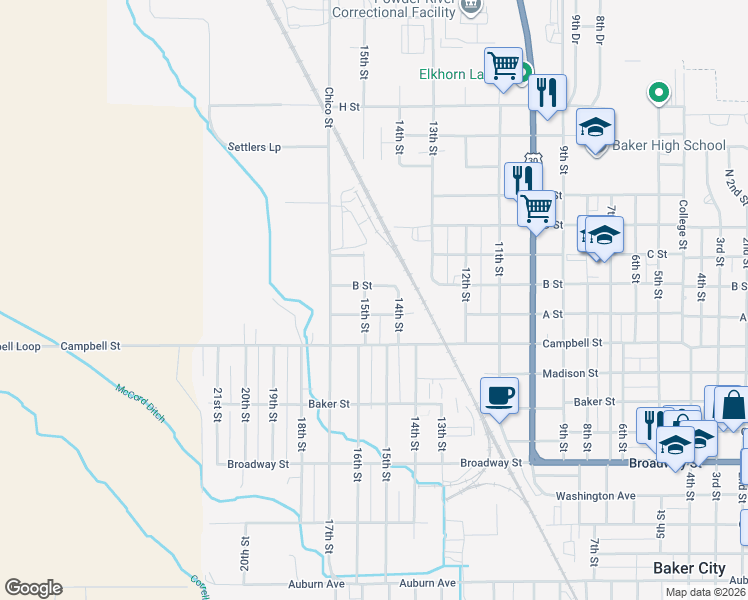 map of restaurants, bars, coffee shops, grocery stores, and more near 2581 14th Street in Baker City