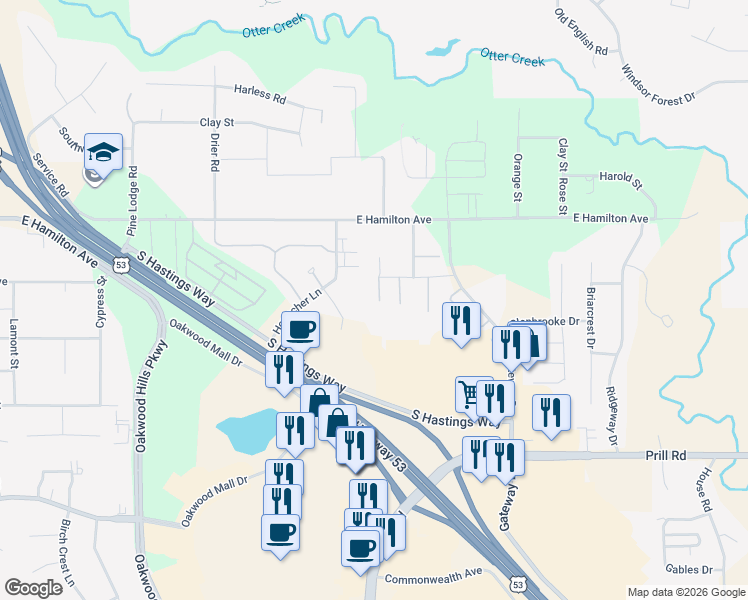 map of restaurants, bars, coffee shops, grocery stores, and more near 4647 Southridge Court in Eau Claire