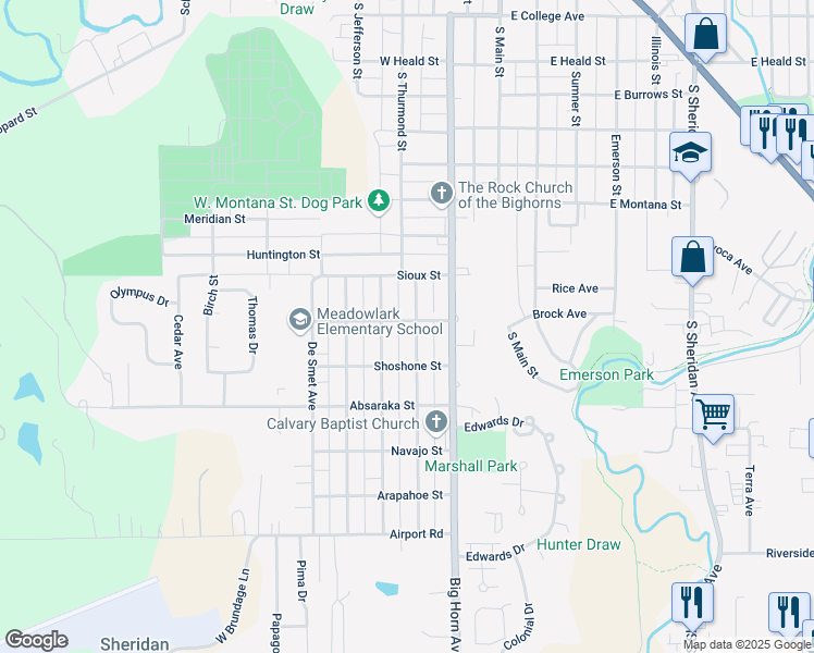 map of restaurants, bars, coffee shops, grocery stores, and more near 1453 Warren Avenue in Sheridan