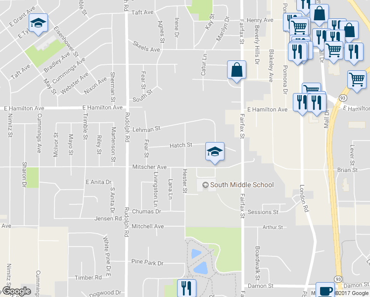 map of restaurants, bars, coffee shops, grocery stores, and more near 3417 Hester Street in Eau Claire