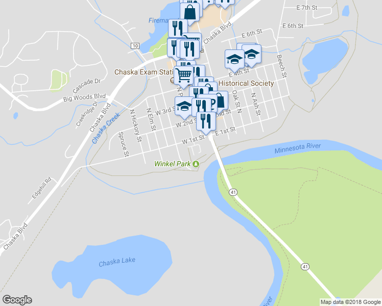 map of restaurants, bars, coffee shops, grocery stores, and more near 28 River Bend Place in Chaska