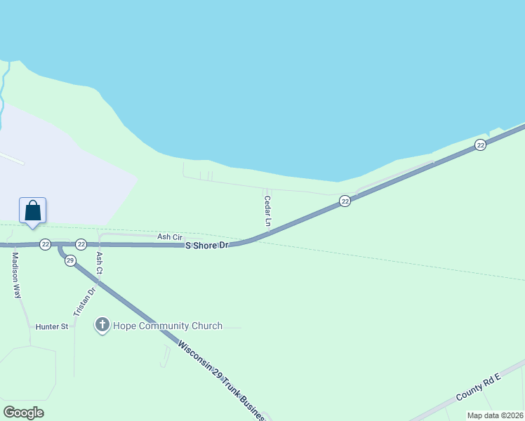 map of restaurants, bars, coffee shops, grocery stores, and more near N5335 Cedar Lane in Shawano