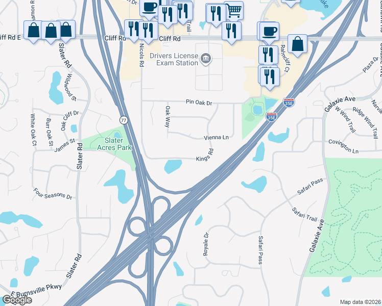 map of restaurants, bars, coffee shops, grocery stores, and more near 2096 Vienna Lane in Eagan